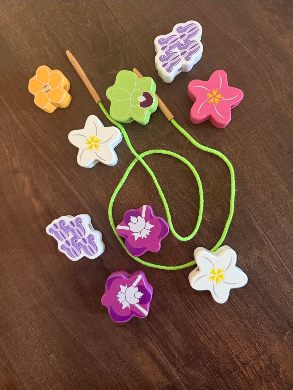 Flower Lacing Beads Set with Green Thread - Multicolor Floral Shapes